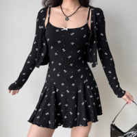 Black Polka Dot Suspender Cardigan Mesh High Waist Skirt Set - Thumbnail 3