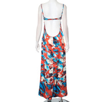 Colorful printed suspender buttoned hollow backless pleated long skirt - Thumbnail 5
