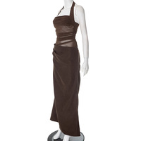 Halter neck mesh see-through backless cross-body gathered long skirt - Thumbnail 4