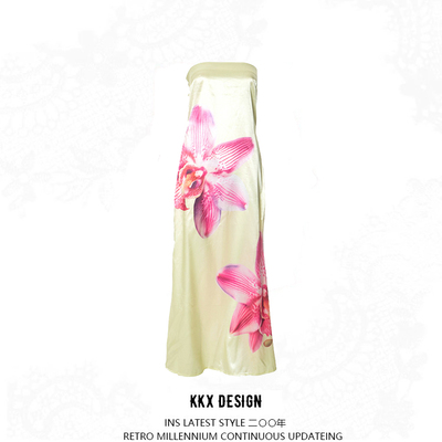 Strapless hollow back iron mouth flower print long skirt