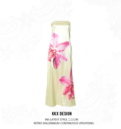 Strapless hollow back iron mouth flower print long skirt