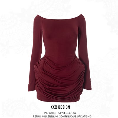 Off-shoulder long sleeve gathered waist elegant short skirt