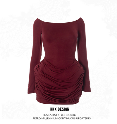Off-shoulder long sleeve gathered waist elegant short skirt