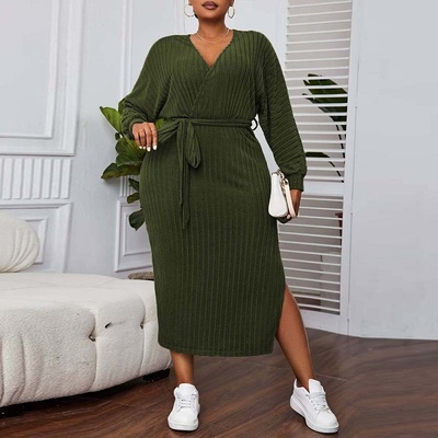 Women's large size army green v-neck lantern sleeve dress