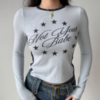 Retro letter print round neck straight shoulder long sleeve T-shirt - Thumbnail 2