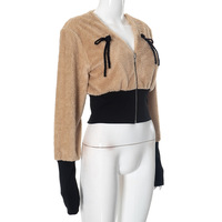 Bowknot V-neck long-sleeved coat for women in winter, lamb fleece with waist and slim fit - Thumbnail 3