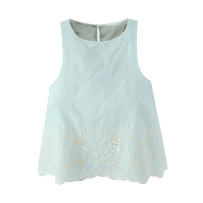 Round Neck Sleeveless Embroidered Hollow Lace Hem Casual Vest