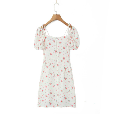 Retro style sexy sweet print lace waist short dress