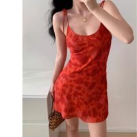 Red waist short skirt printed V-neck suspender sexy dress - Thumbnail 1