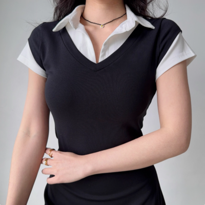 Retro design fake two-piece lapel short-sleeved t-shirt