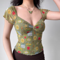 Bowknot V-neck hollow print long-sleeved T-shirt - Thumbnail 2