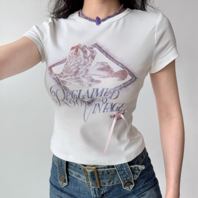 Printed white round neck short sleeve t-shirt women's summer straight shoulder slim fit top