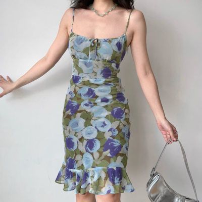 Printed suspender dress slim fit dress ruffled hip skirt - Thumbnail 2