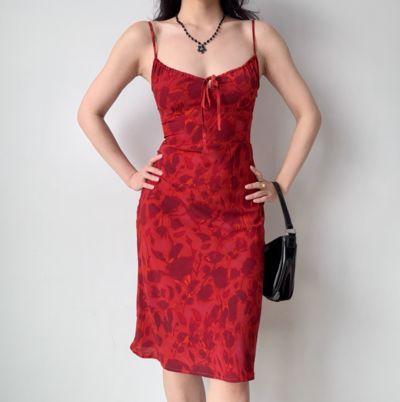 Retro Red Printed Suspender Midi Holiday Dress
