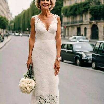 Simple sheath lace tea-length beach boho wedding dress bridal gown wedding gown - Thumbnail 3