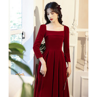Fashion Burgundy Square Collar Long Sleeve Back Zipper Evening Dress Bride Wedding Prom Gowns  - Thumbnail 1