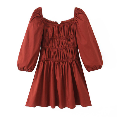Retro pleated square neck lace-up lace elastic waist nine-point sleeve dress