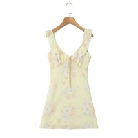 Printed ruffled suspender dress French V-neck sexy slim hip mini skirt - Thumbnail 3