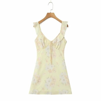 Printed ruffled suspender dress french v-neck sexy slim hip mini skirt