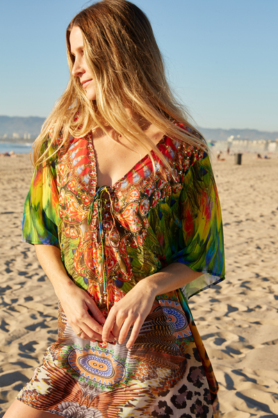 White Mark Women's Printed Caftan with Tie-up Neckline