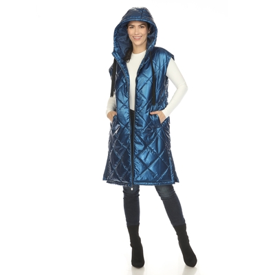 White Mark Women's Metallic Double Zipper Long Puffer Vest with Hood