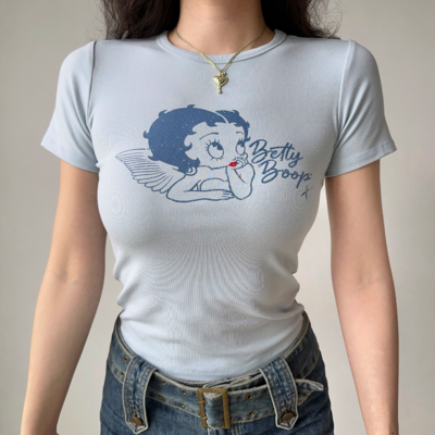 Retro cartoon print round neck straight shoulder short sleeve t-shirt