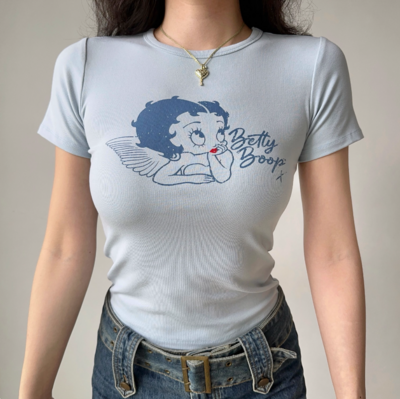 Retro cartoon print round neck straight shoulder short sleeve T-shirt