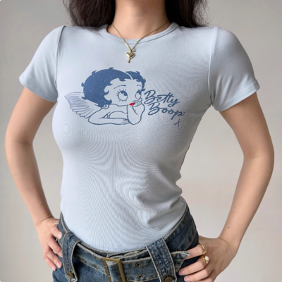 Retro cartoon print round neck straight shoulder short sleeve t-shirt
