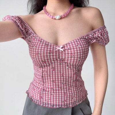 Retro print plaid puff sleeve t-shirt