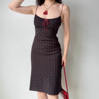 Retro floral contrasting suspender skirt mid-length - Thumbnail 4