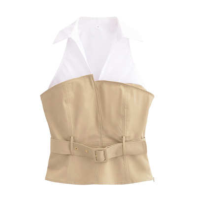 Fashionable belt halter neck patchwork top
