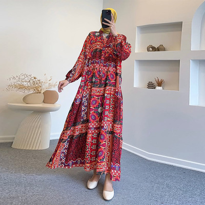 New women's retro long-sleeved printed casual loose big swing skirt