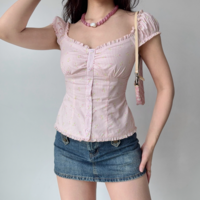 Printed striped puff sleeve top for women with ruffled hem short sleeve shirt - Thumbnail 4