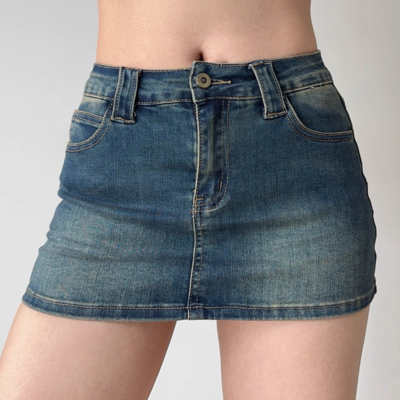 Distressed low-rise denim miniskirt slim-fit hip skirt