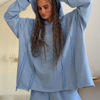 Blue casual style hooded sweatshirt shorts set - Thumbnail 1