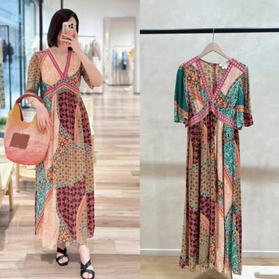 New bohemian holiday style floral patchwork dress