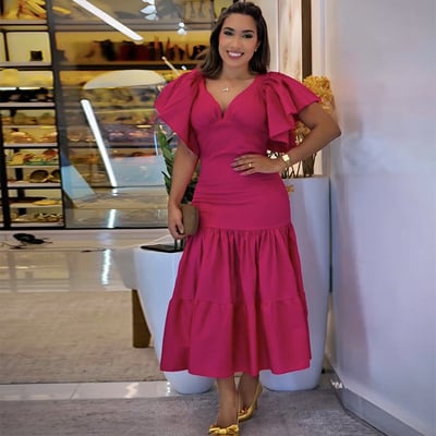 Summer new fashion v-neck ruffled short sleeve low waist pleated midi dress