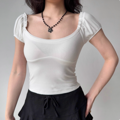 Simple puff sleeve u neck short sleeve t-shirt