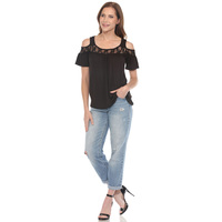White Mark Cold Shoulder Lace Trim Knit Top, S-4X - Thumbnail 1