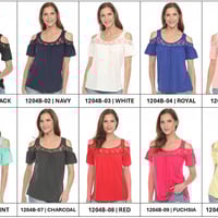 White Mark Cold Shoulder Lace Trim Knit Top, S-4X - Thumbnail 2