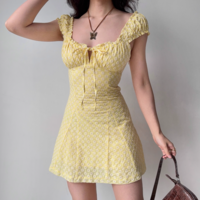 Retro Puff Sleeve Lace-Up Embroidered A-Line Dress - Thumbnail 1