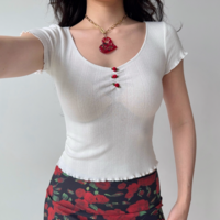 Three-dimensional small flower straight shoulder short-sleeved T-shirt with ruffled hem short top - Thumbnail 2
