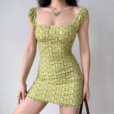 Fruit print square neck short sleeve dress