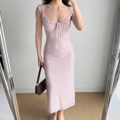 Sexy low-cut pink plaid suspender long dress slim fit dress