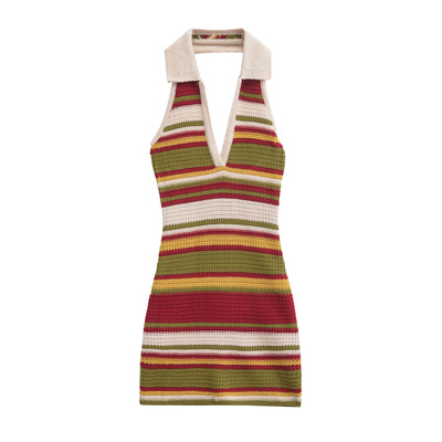 Sexy halter neck backpack hip-revealing colorful striped sleeveless knitted dress