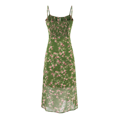 Pastoral style print chic backless suspender dress