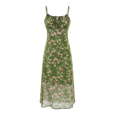 Pastoral style print chic backless suspender dress