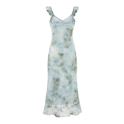 Romantic slim fit printed suspender long dress