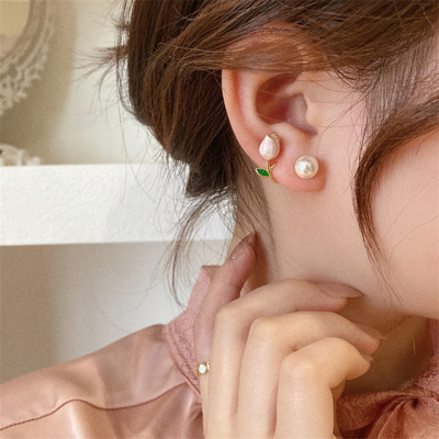 French tulip flower stud earrings imitation pearl earrings for women jewelry party gift