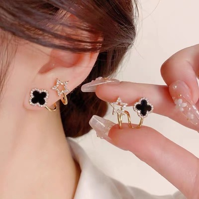 Fashion sparkling star lucky clover stud earrings for women girls - Thumbnail 1
